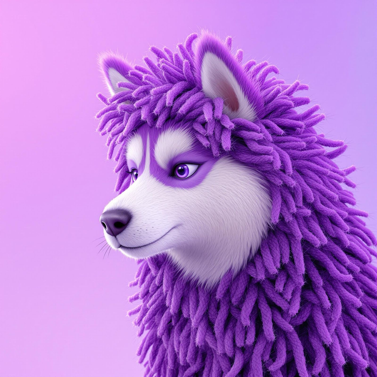 Whimsical Purple Siberian Llama Husky in Realistic 3D