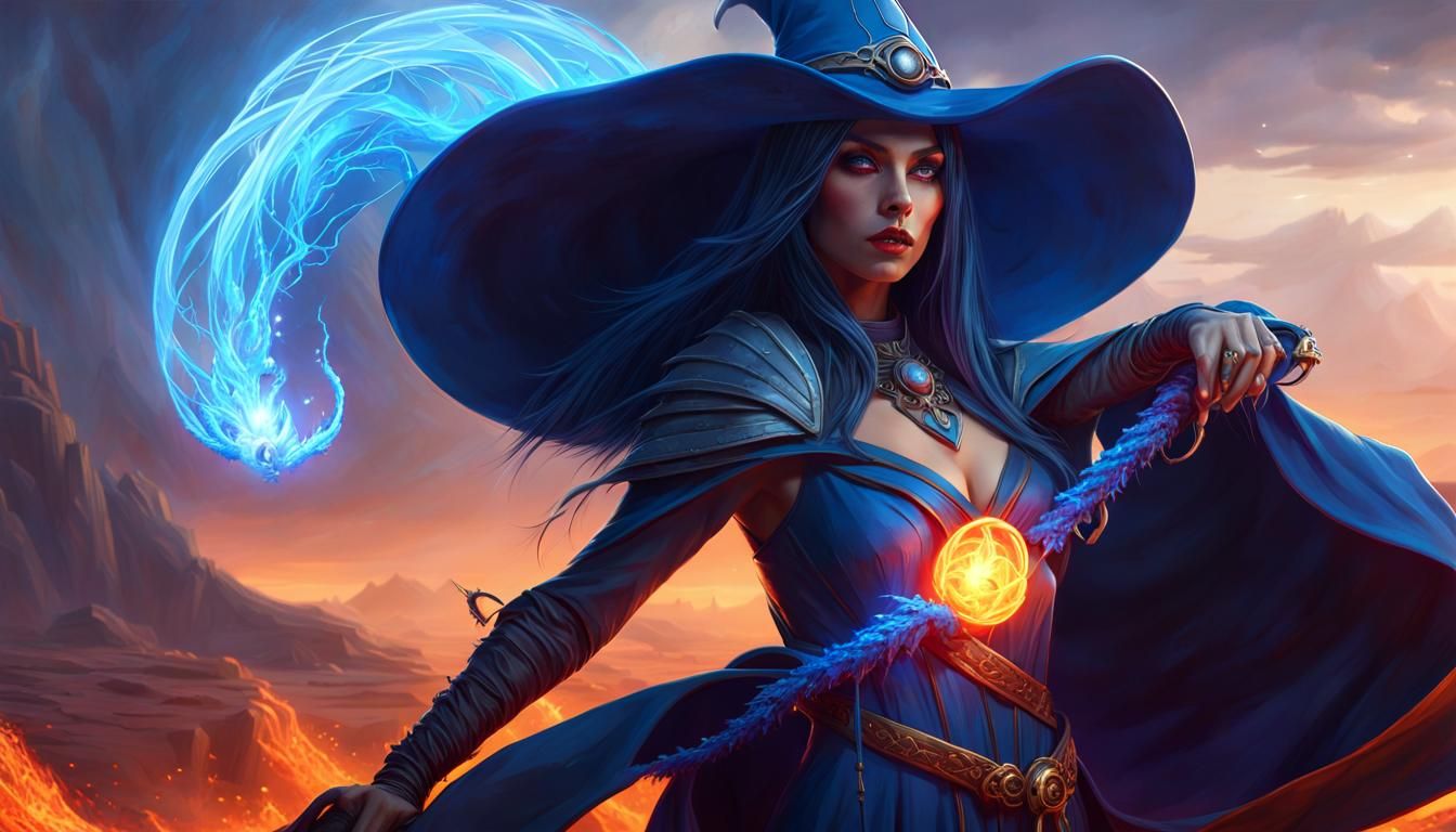 Blue Witch in Fiery Wastelands: Dark Fantasy Art