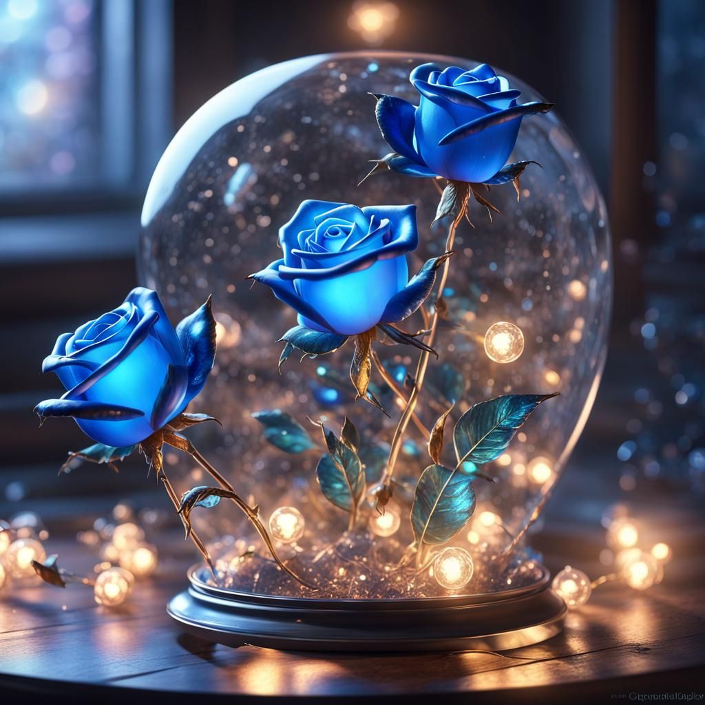Bioluminescent Quartz Fairy Lights on Blue Glass Rose