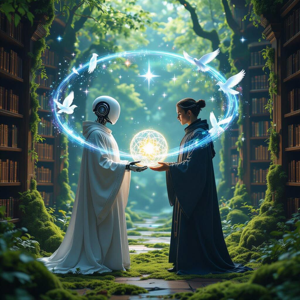 Robot and Human in Mossy Library with Glowing Spheres