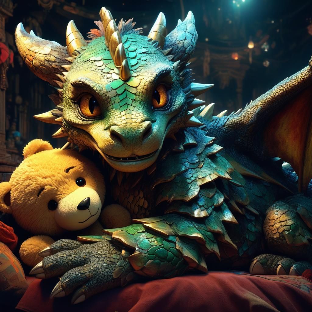 Adorable Dragon Hugging Teddy Bear in Glitchcore Anime Style