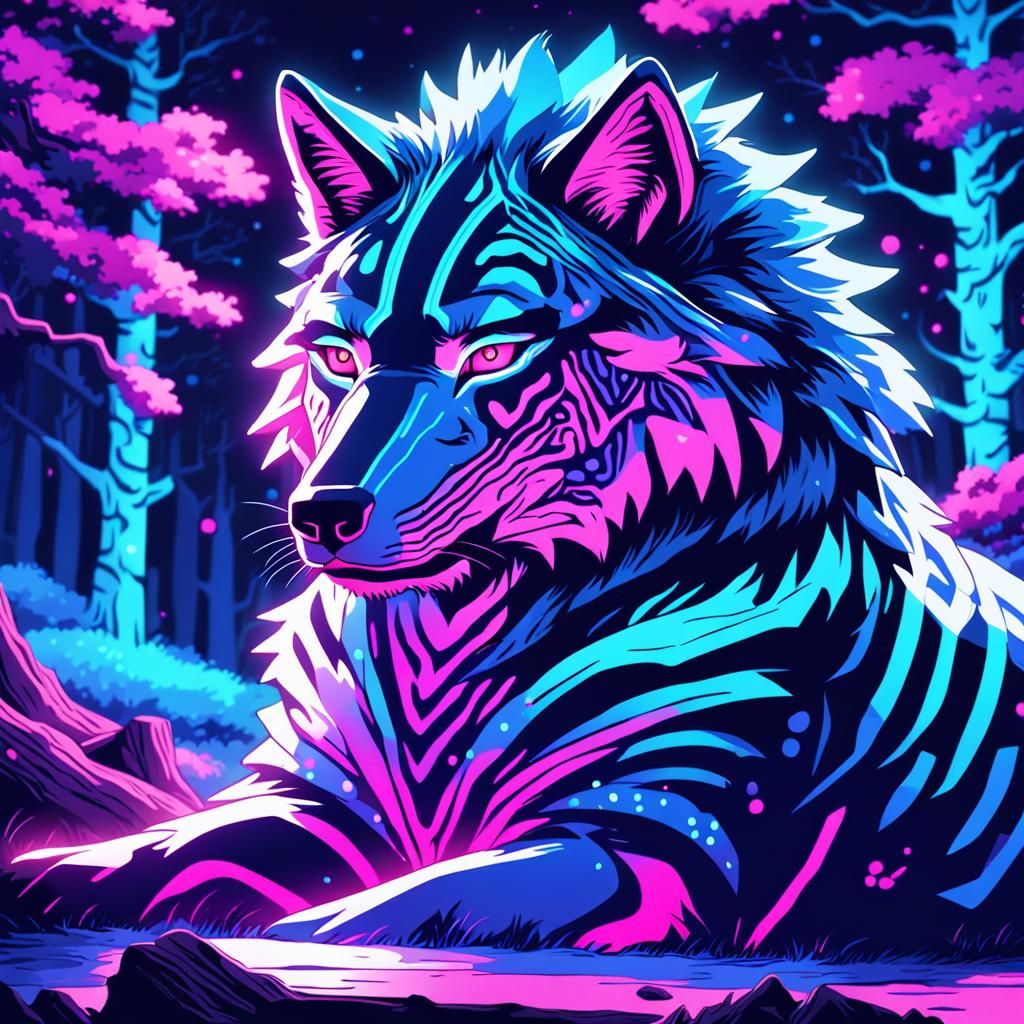 Synthwave Wolf with Neon Stripes in Retro Style