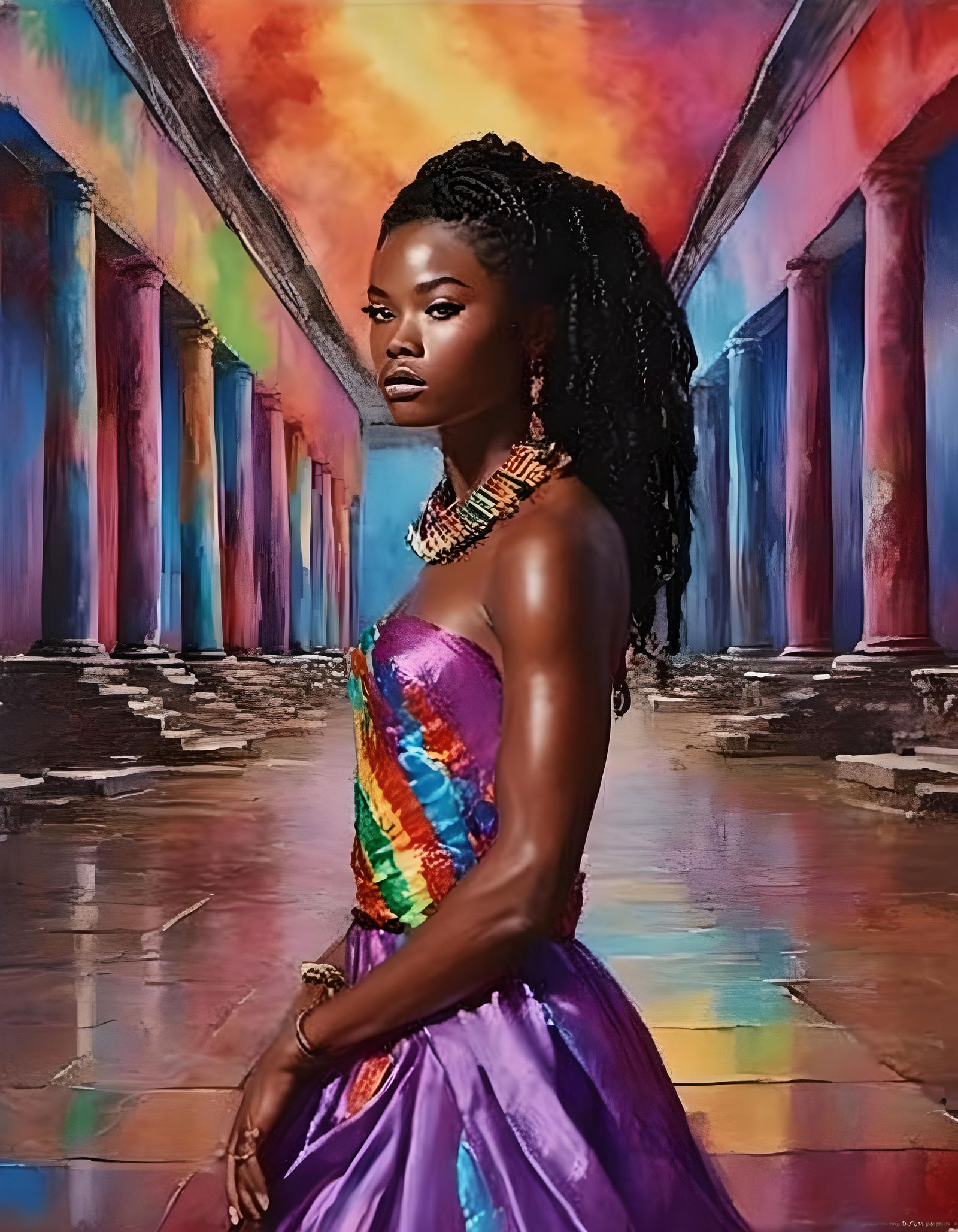 Beautiful African Woman in Roman Hall: Photorealistic Oil Pa...