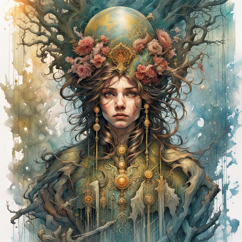 Mystical Tarot Card in Mixed Media Style