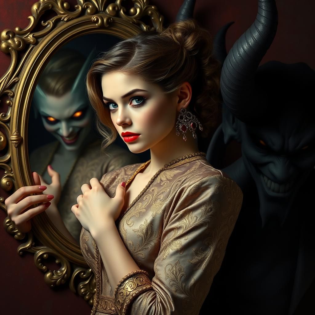 Woman Posing, Sinister Figure in Background