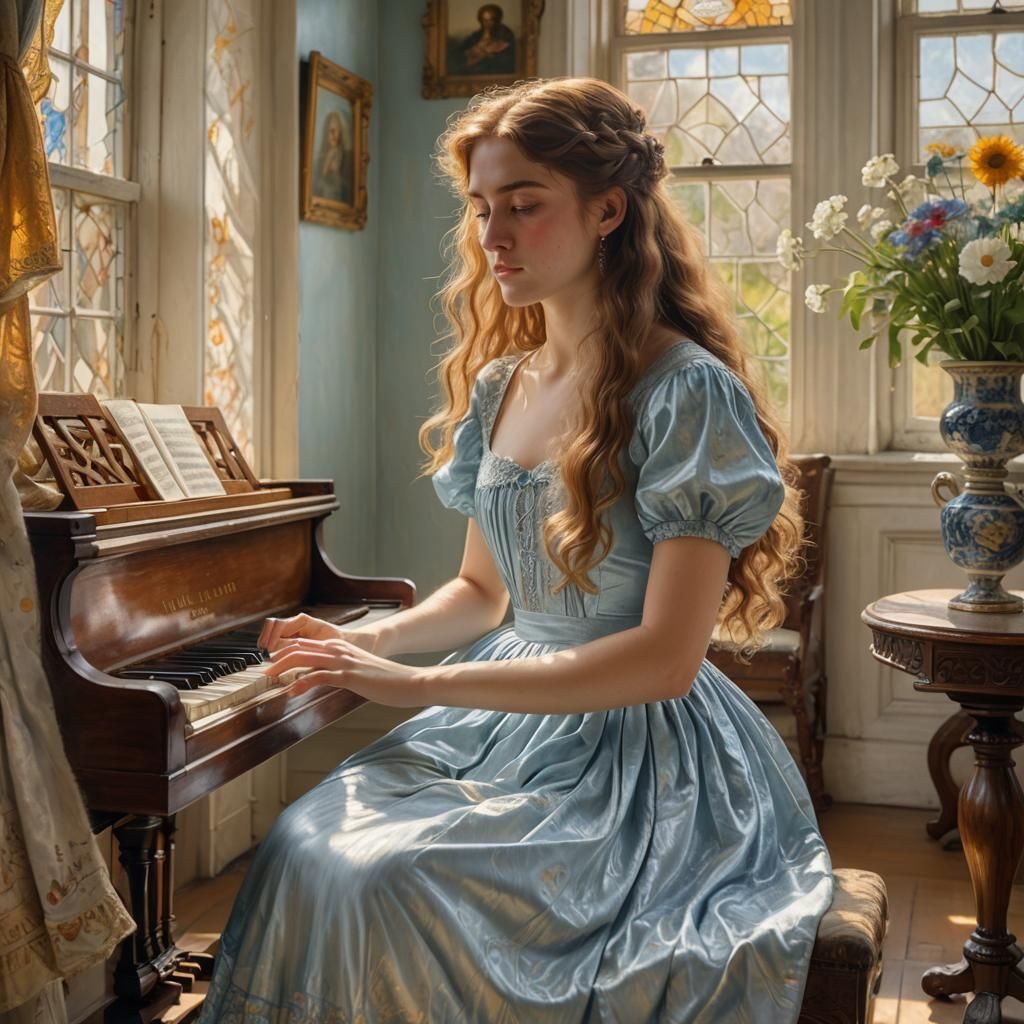 Girl at Piano in Victorian Room, Pre-Raphaelite Style