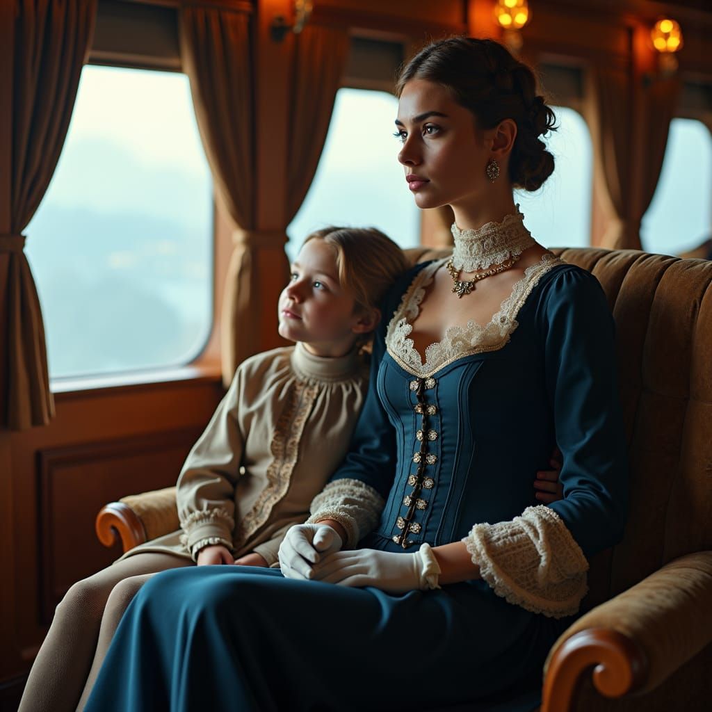 A mother and her daughter sitting in a giant airship