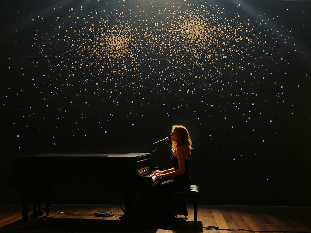 Sensual Pianist Silhouette on Dark Stage in Brushy Oil Style