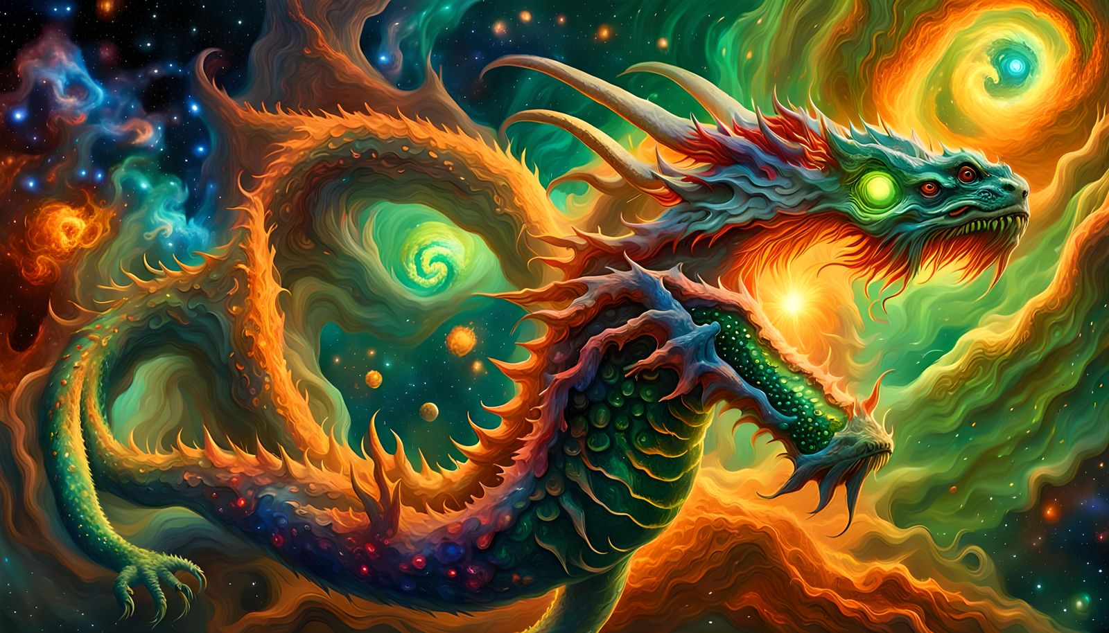 Nebula Dragon of Binary Stars in Impasto Style