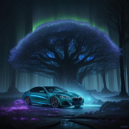 BMW in Mystical Forest: Surreal Oil Painting