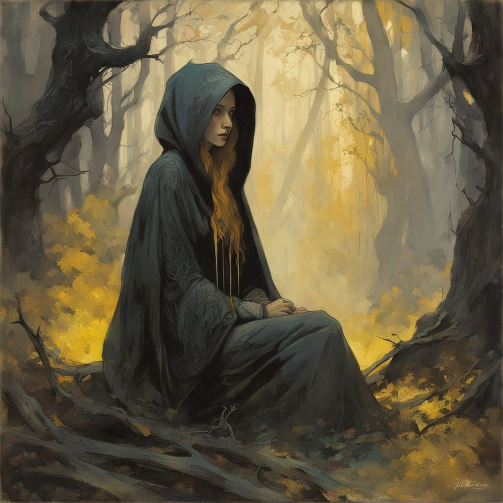 Ethereal Sorceress in Dark, Mystical Forest