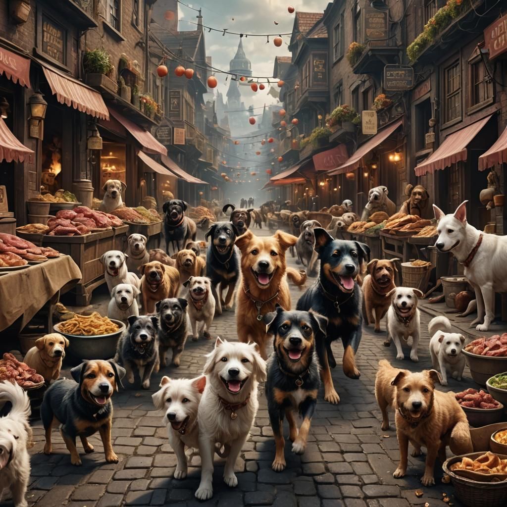 Dog Steals Meat: Whimsical Cinematic Digital Art