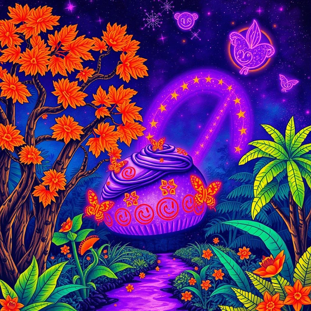 Cosmic Psychedelic Jungle with Twisted Trees and Vibrant Col...