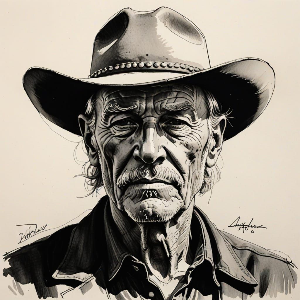 Vintage Cowboy Portrait in Ink Sketch Style