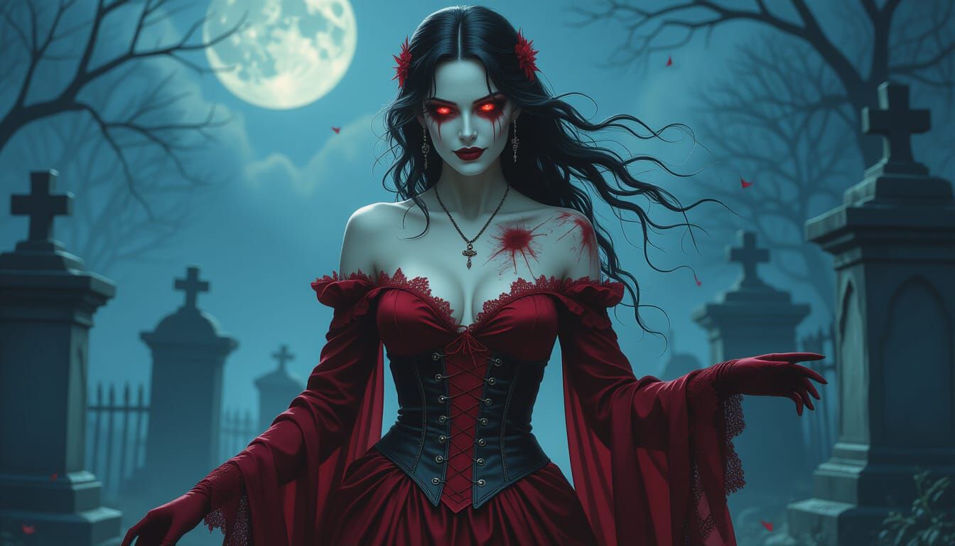 Haunting Vampire Zombie in Moonlit Graveyard