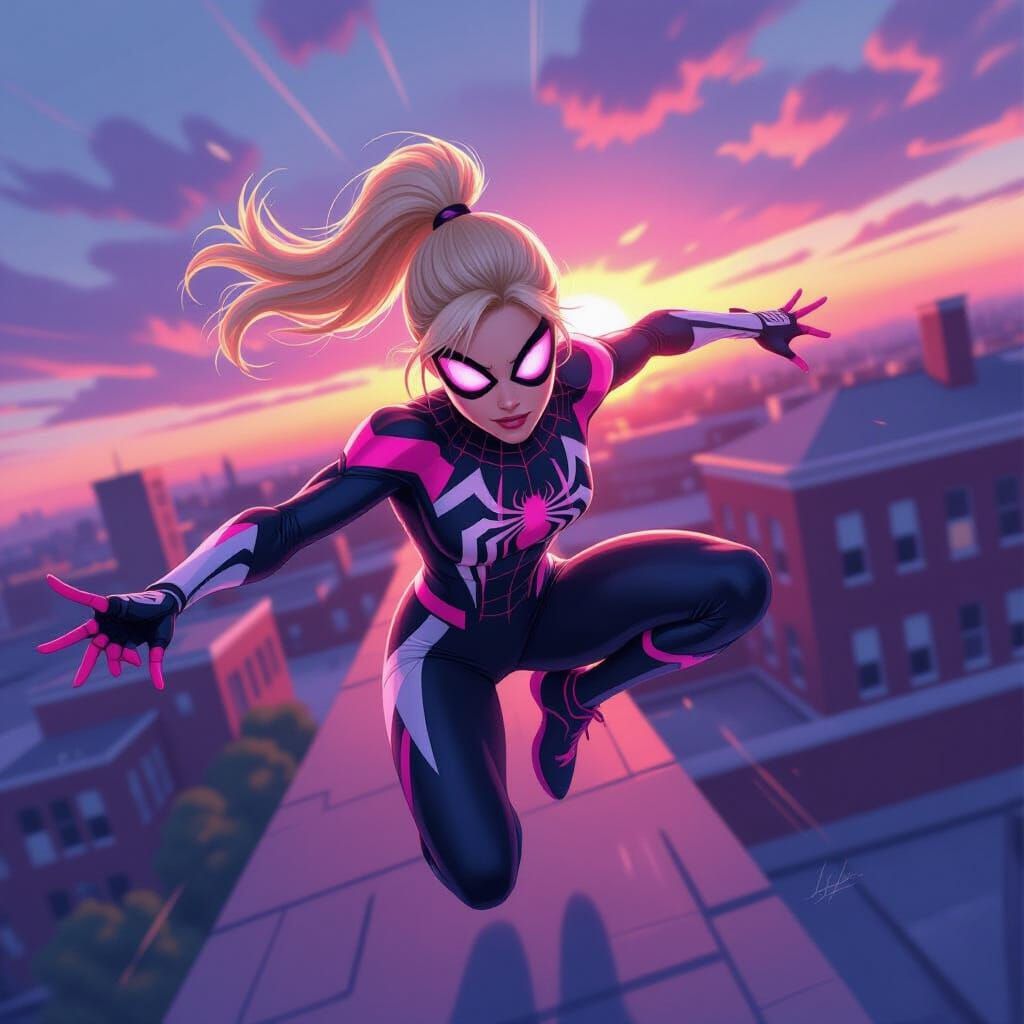 Ghost-Spider Leaping Towards Viewer on School Roof