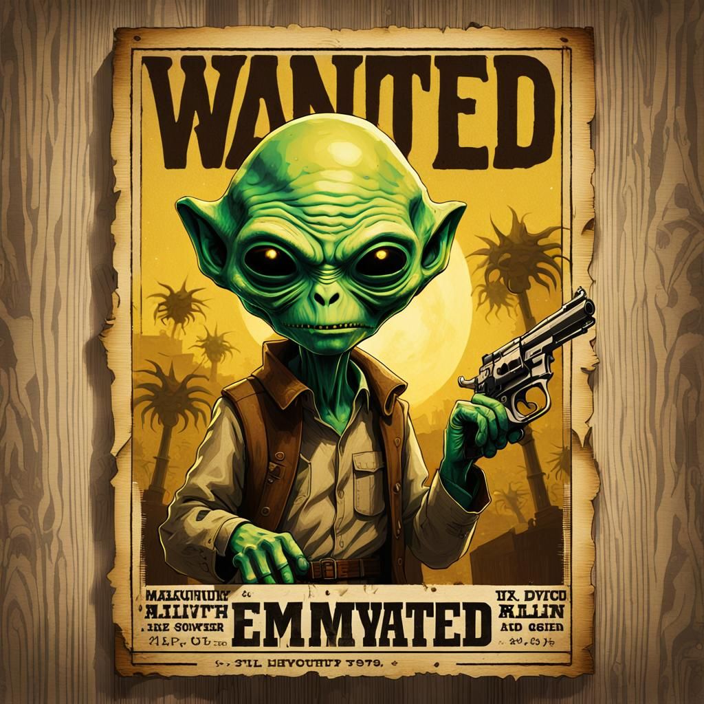 Mischievous Alien Wanted Poster in Oil Painting Style