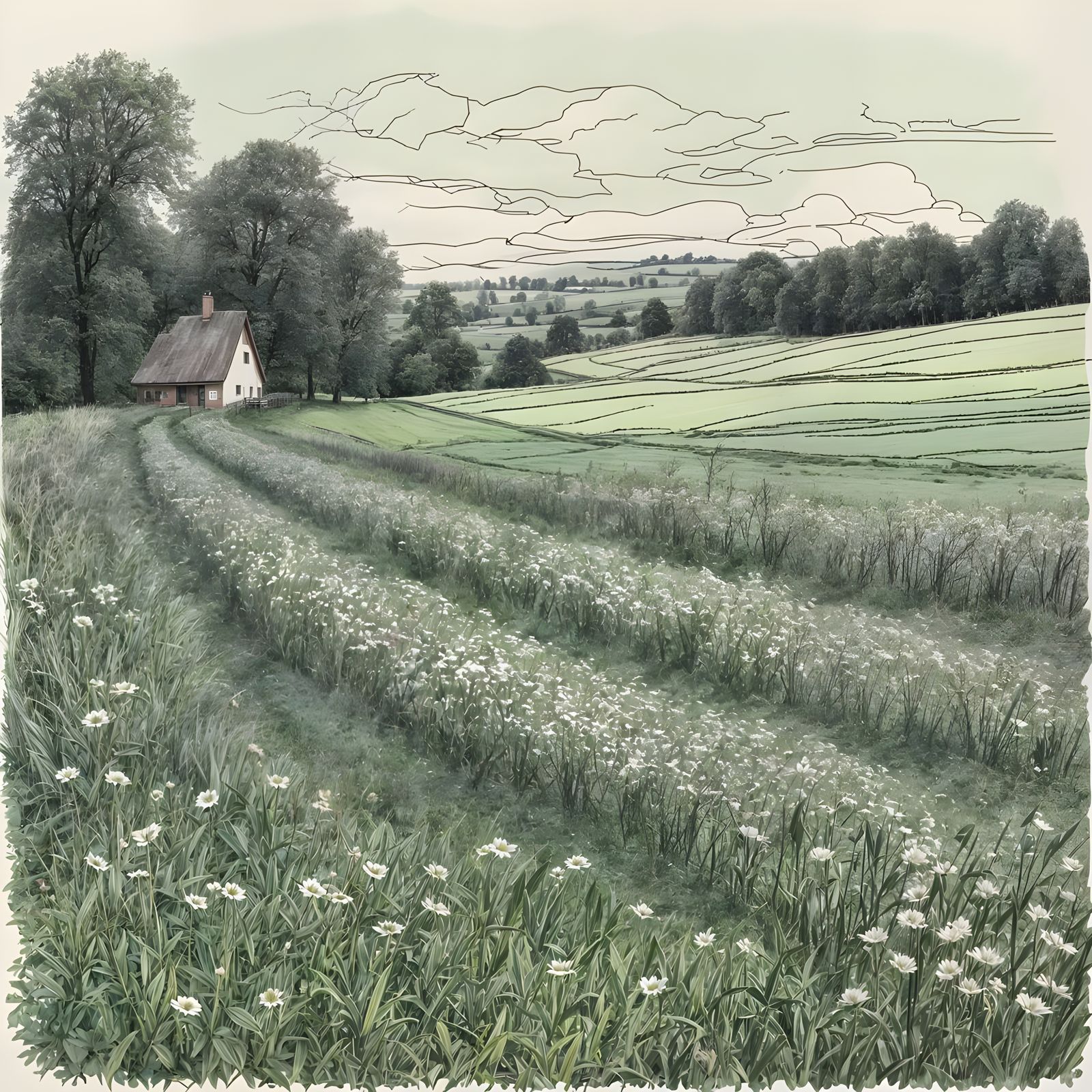 Colorful Meadow Scene: People Chewing Grass