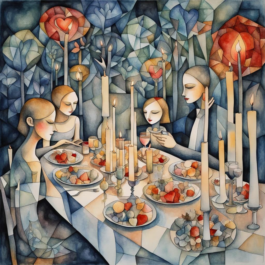 Cubist Dinner Scene with Candles and Flowers