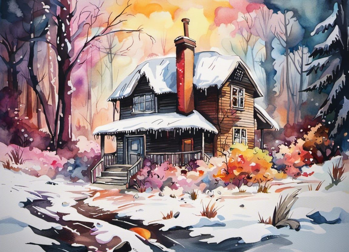 Cozy Cottage in Winter Woods: Watercolor Graffiti Art