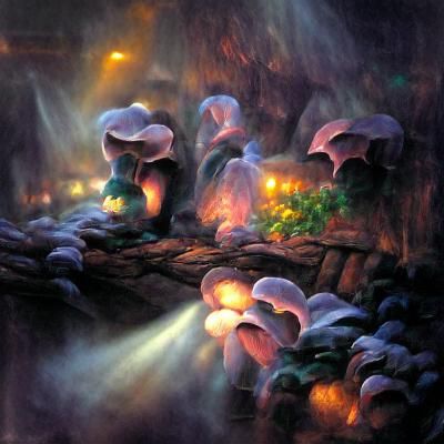 Ethereal Glowing Mushrooms in Dark Cave