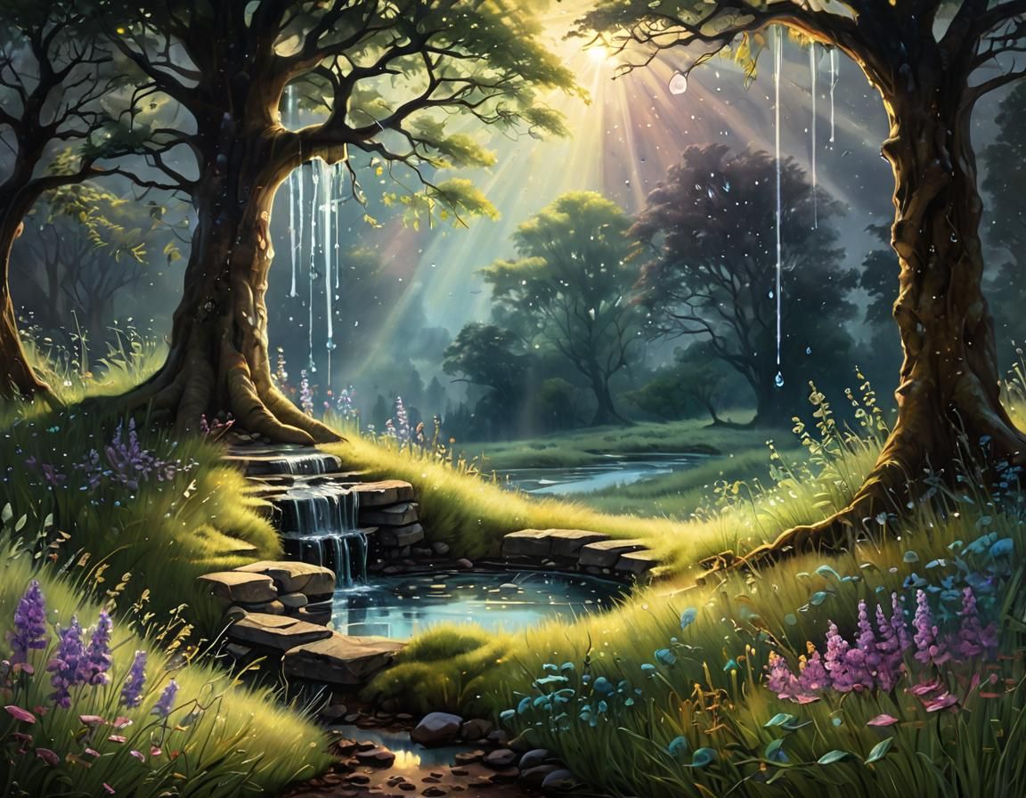 Crystal Clusters: Moody Oil Painting with Ancient Well