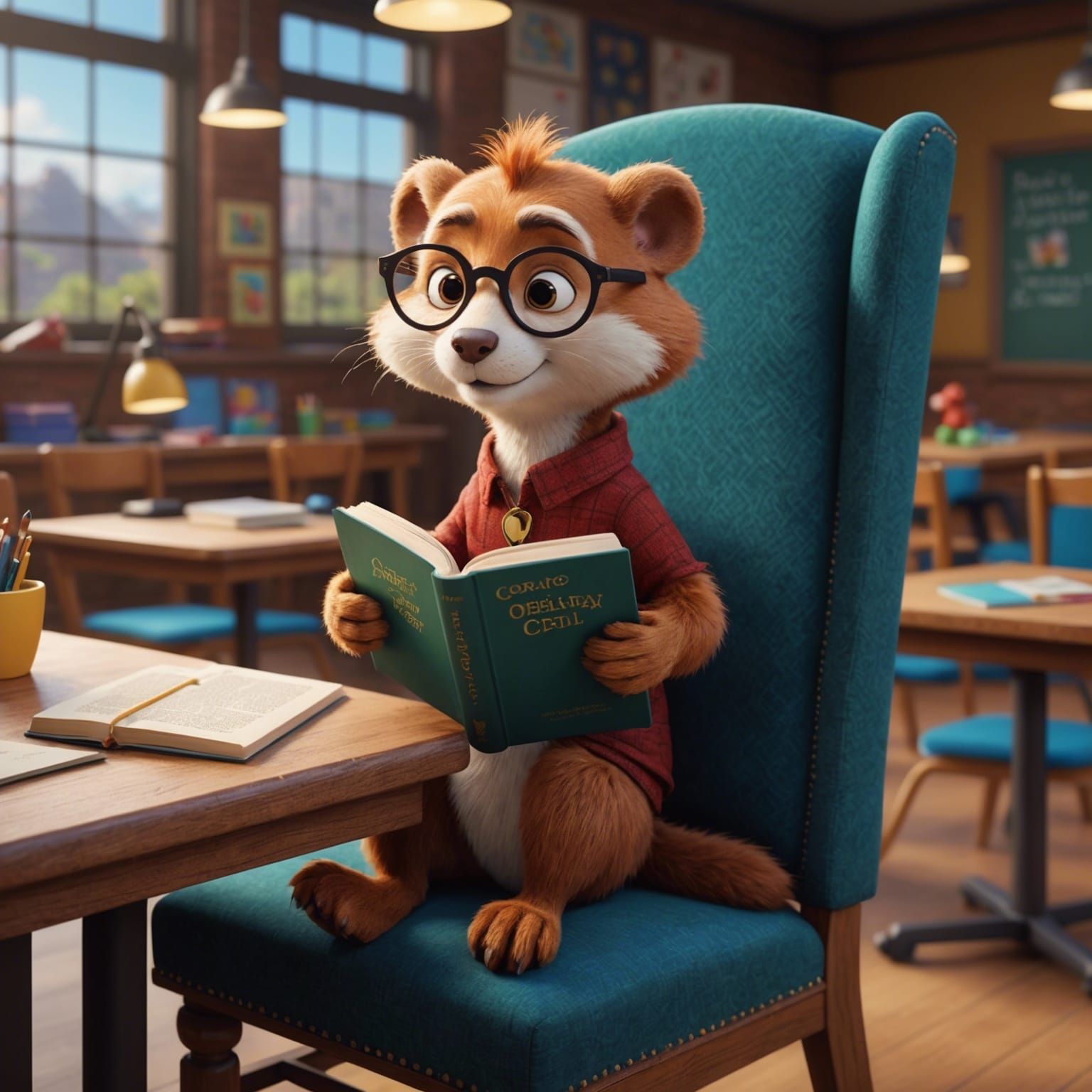 Cute Weasel Reads Book in Pixar Style Classroom