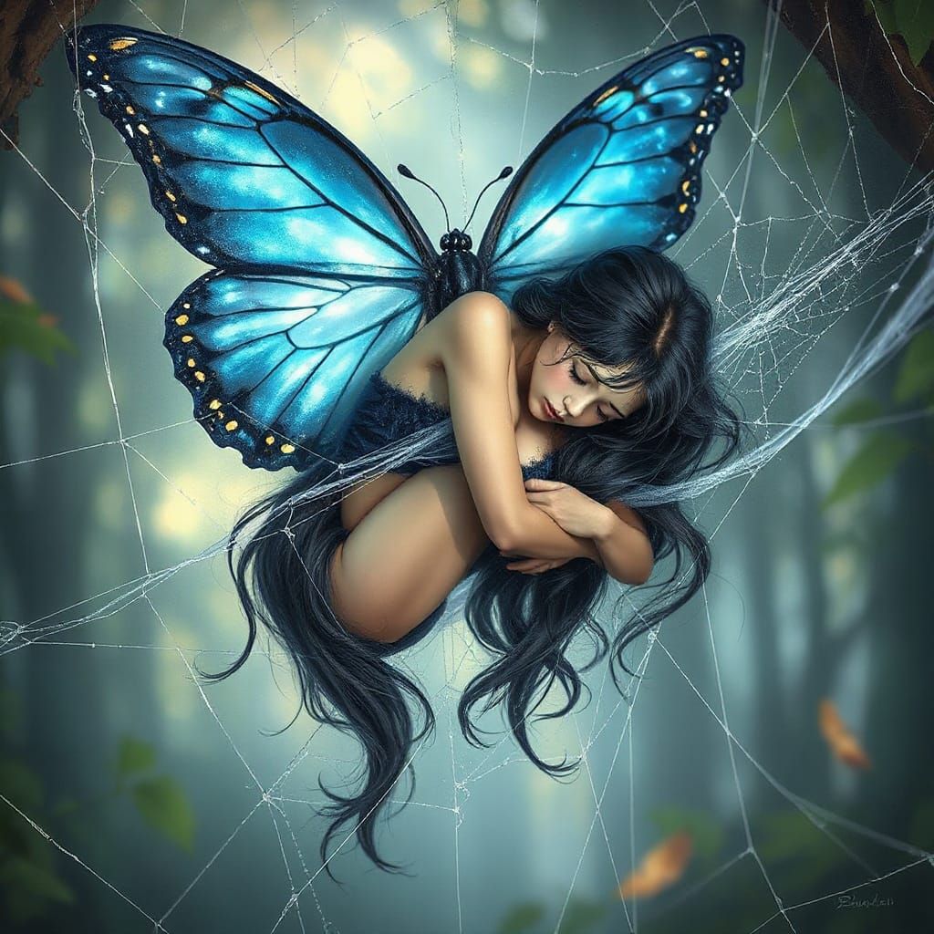 Dreamy Female Ensnared in Enchanted Web, Surrounded by Vibra...
