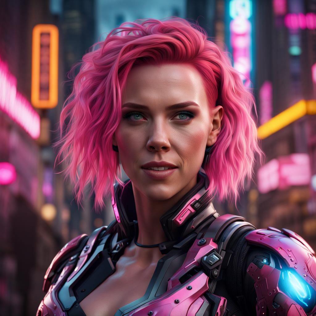 Cyborg with Pink Hair in Neon City