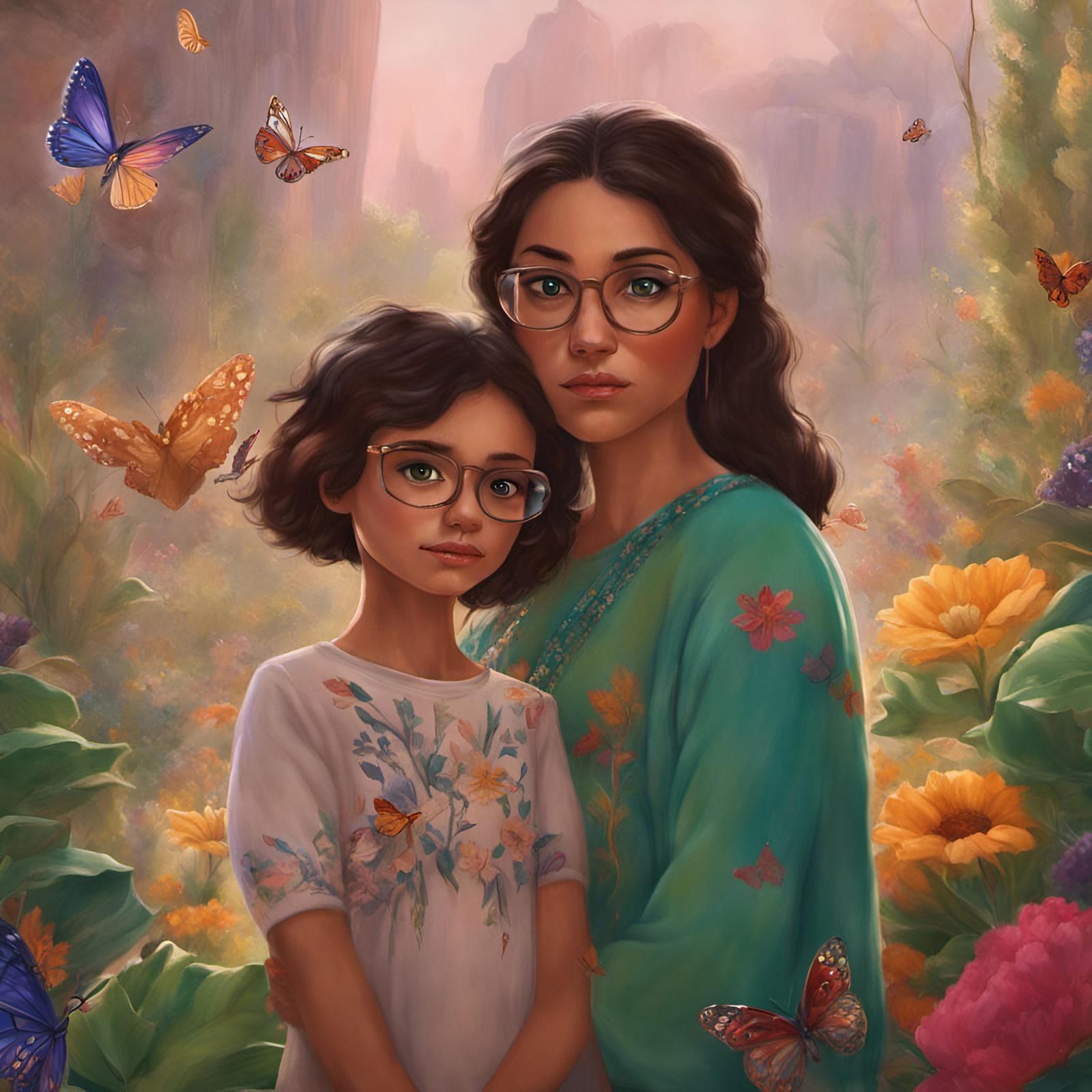Mother and Daughter in a Dreamlike Garden