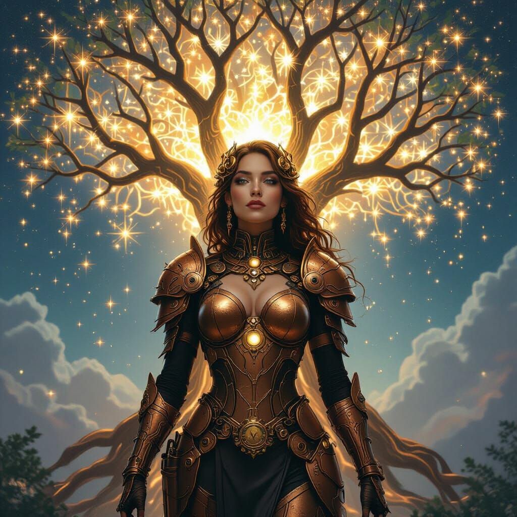 Steampunk Goddess Illuminating Worlds with Tree of Life