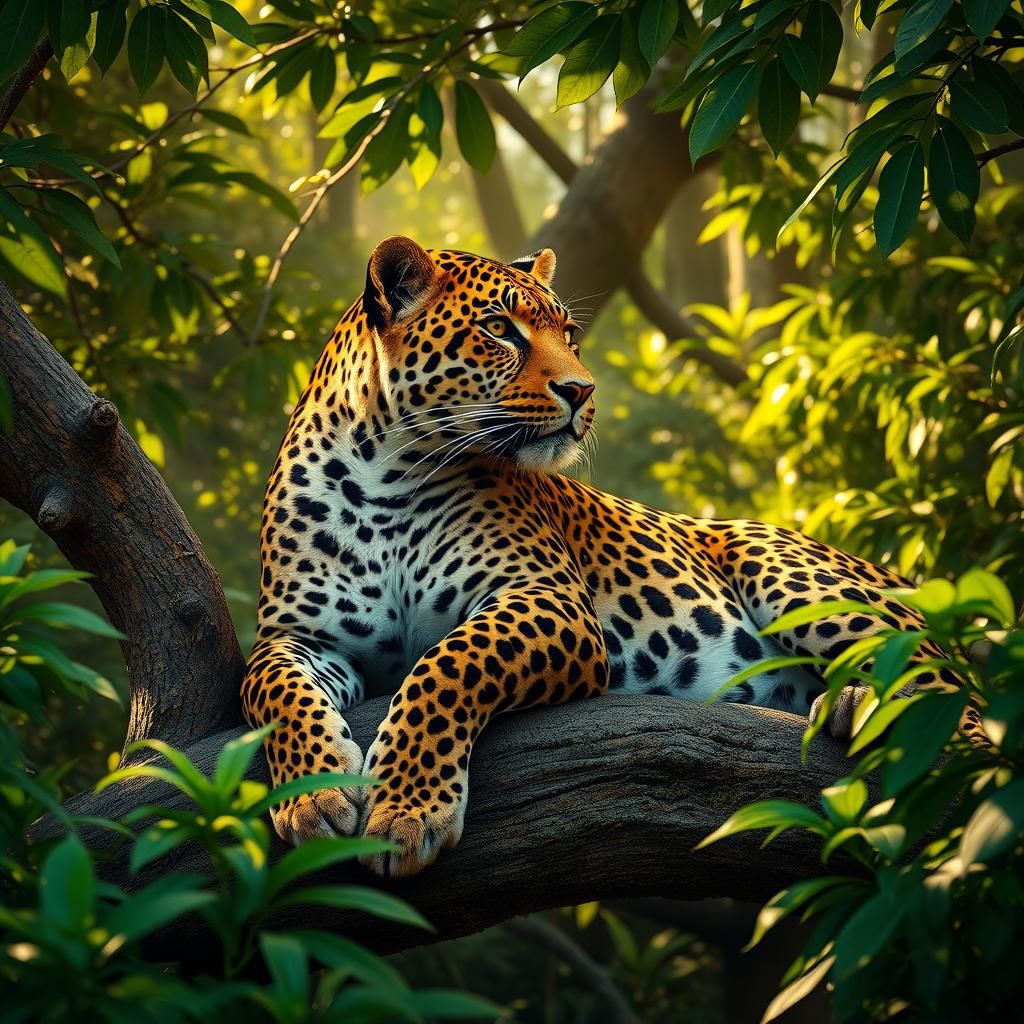 Regal Leopard Lounging in Sun-Drenched Rainforest