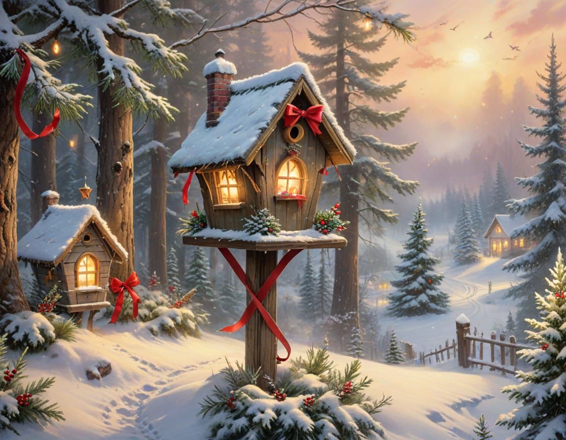 Cozy Winter Birdhouse with Fairy Lights