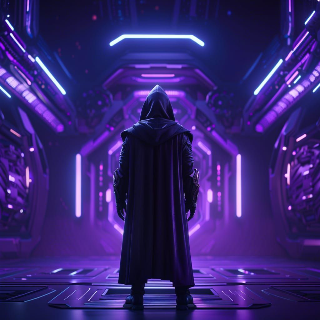 Man in Shadowed Robe in Cyberpunk Cityscape