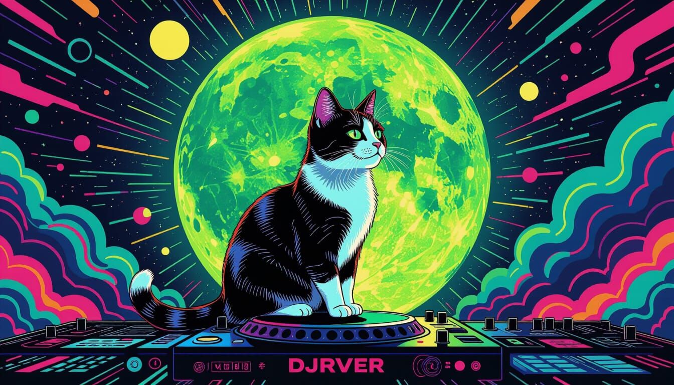 Calico Cat DJ on Green Moon, Psychedelic Rave Style