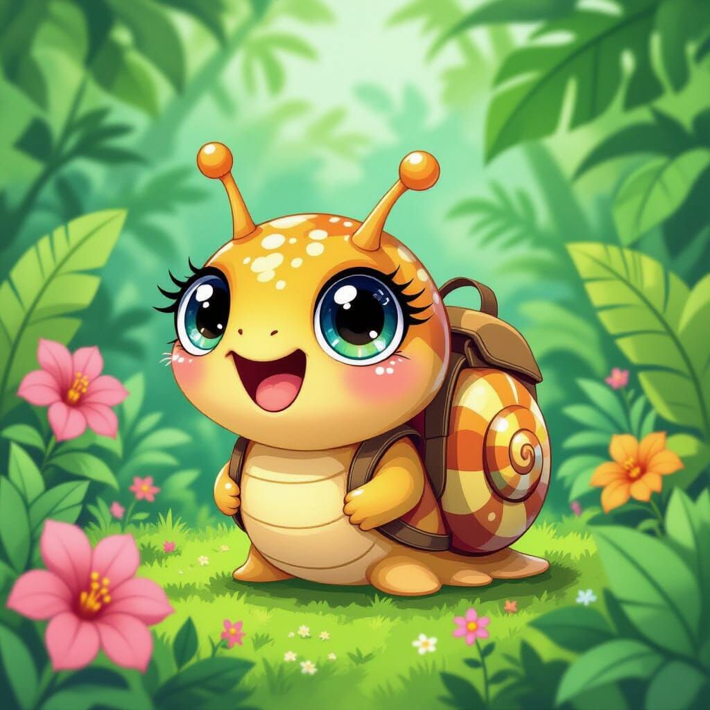 Curious Kawaii Snail in Lush Jungle
