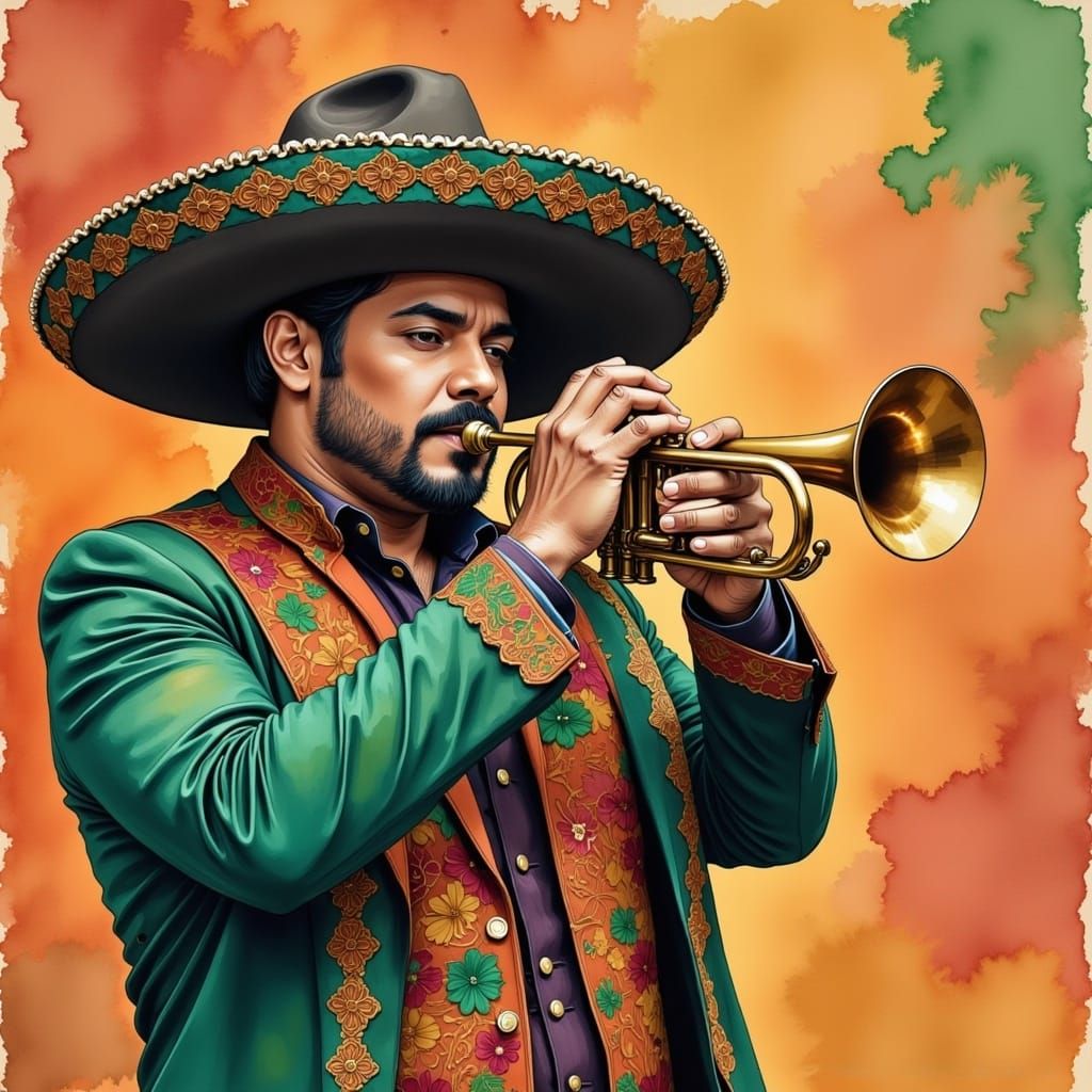 Man with Sombrero Playing Trumpet, Digital Portrait