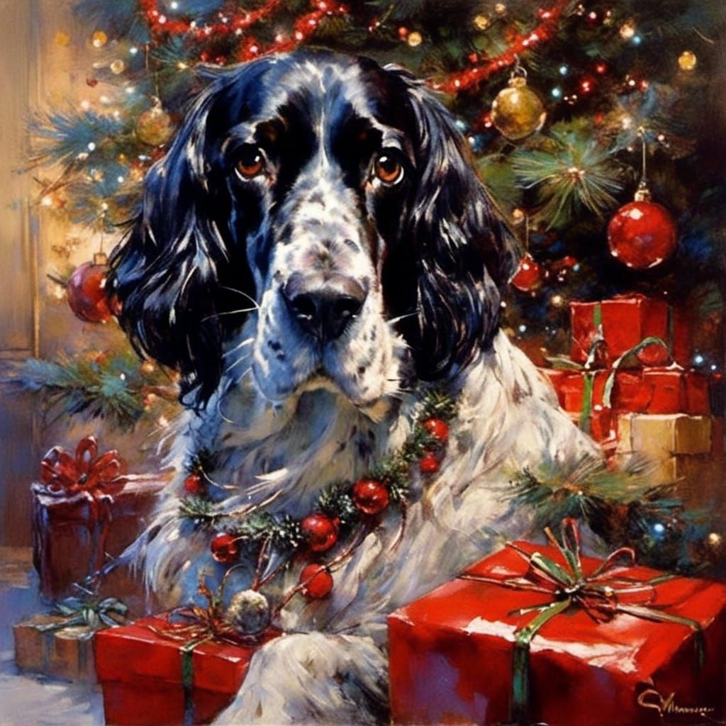 Adorable Spaniel Dog Christmas Tree Scene