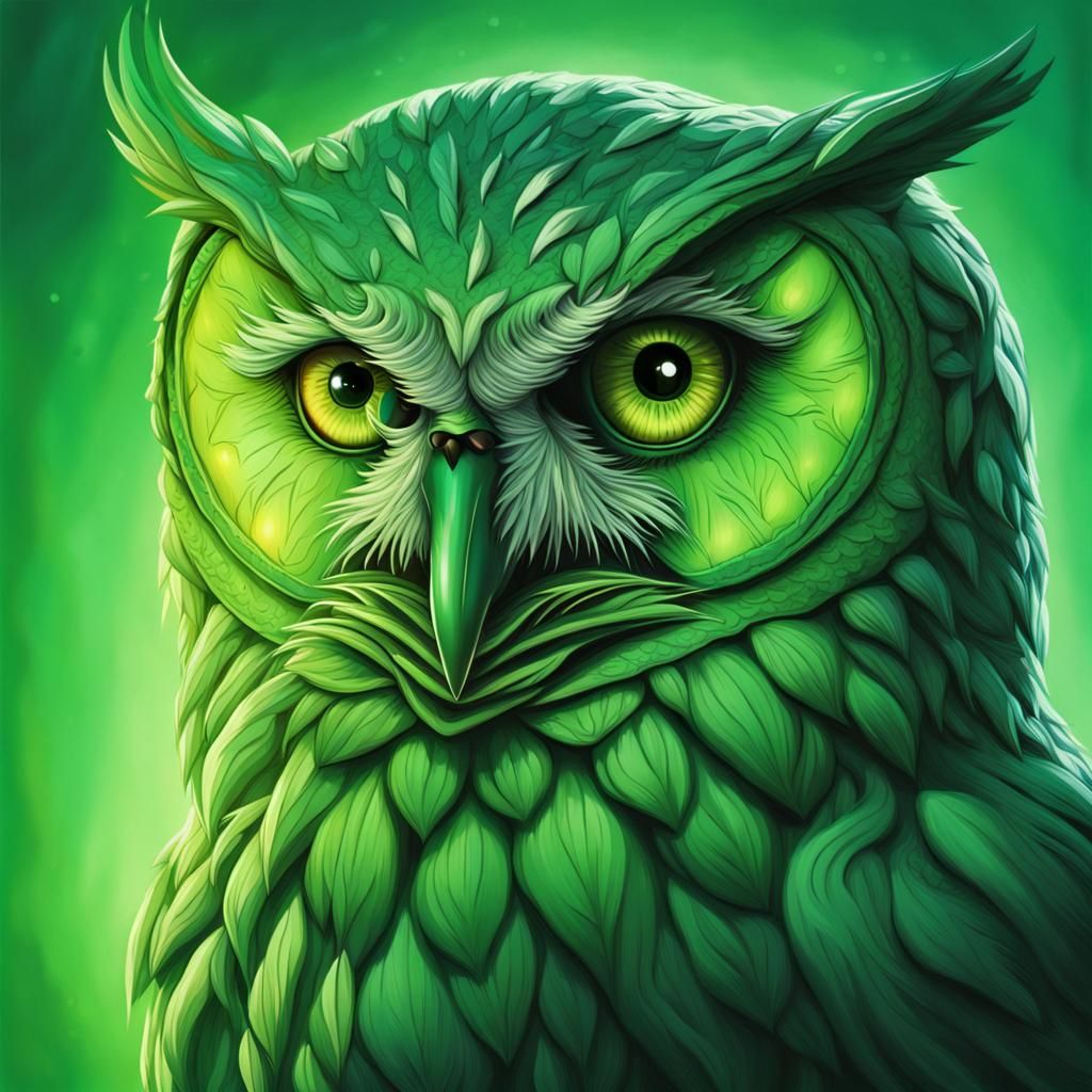 Green Owl Emailing with Feathered Mask