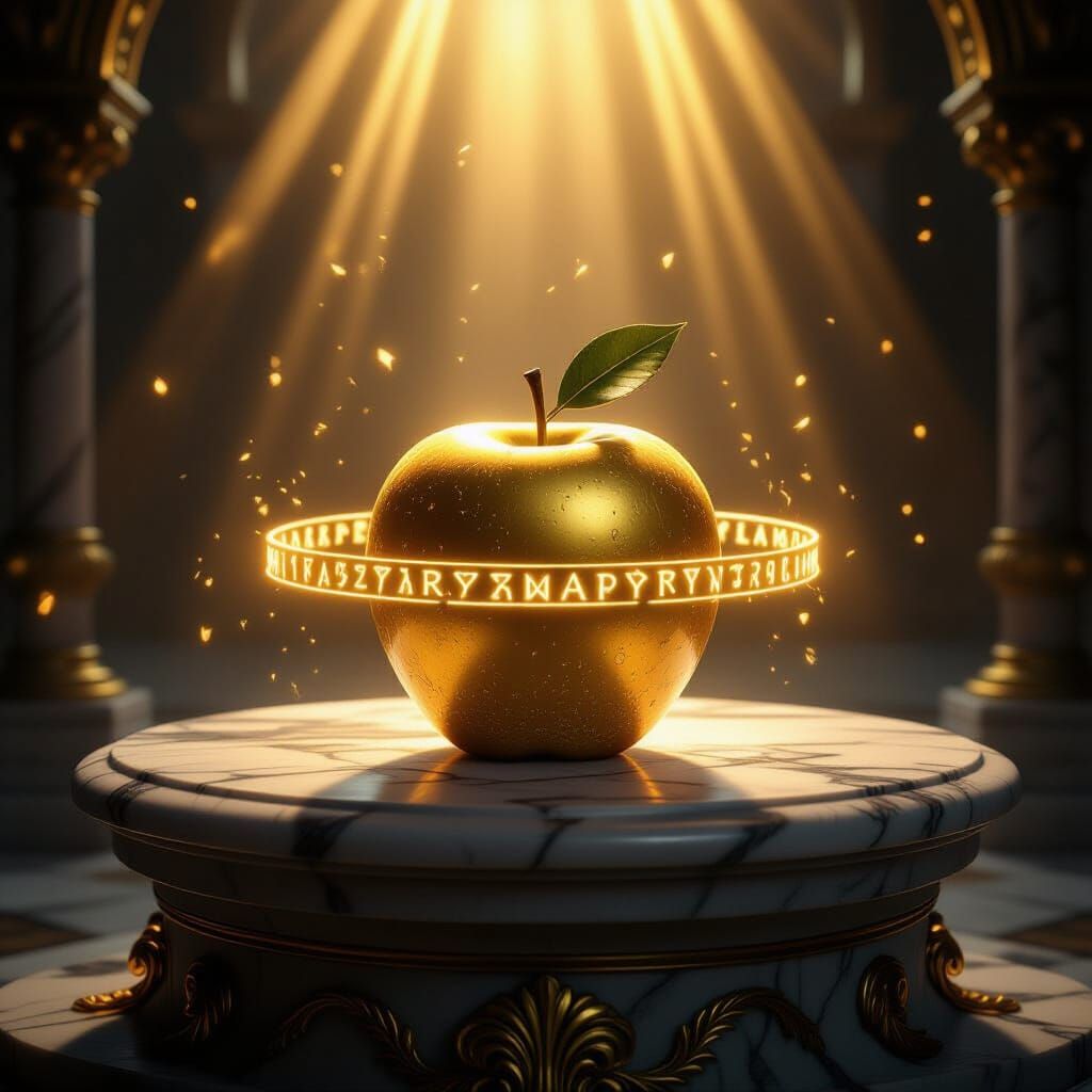 Golden Apple on Ancient Altar: Mystical Runes & Divine Light