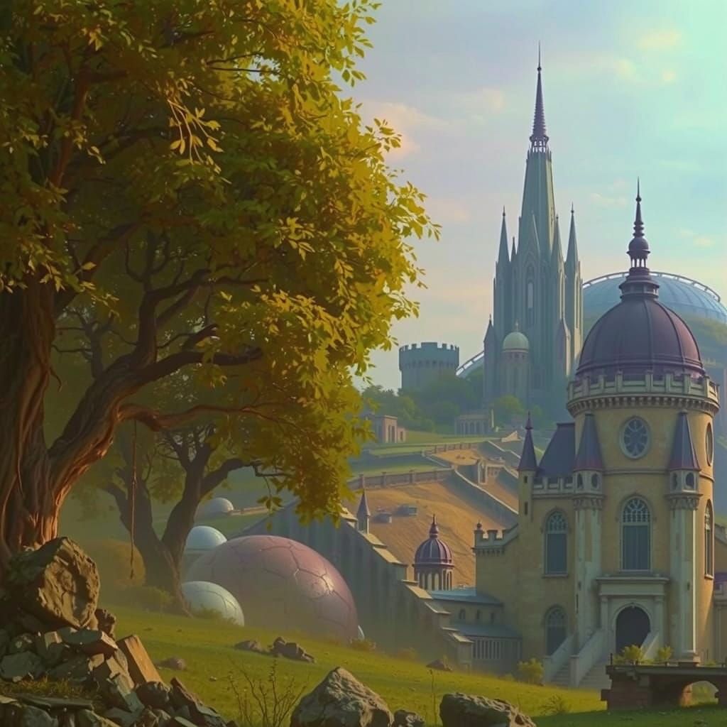 Cyberpunk Metropolis Rising from Ancient Rubble