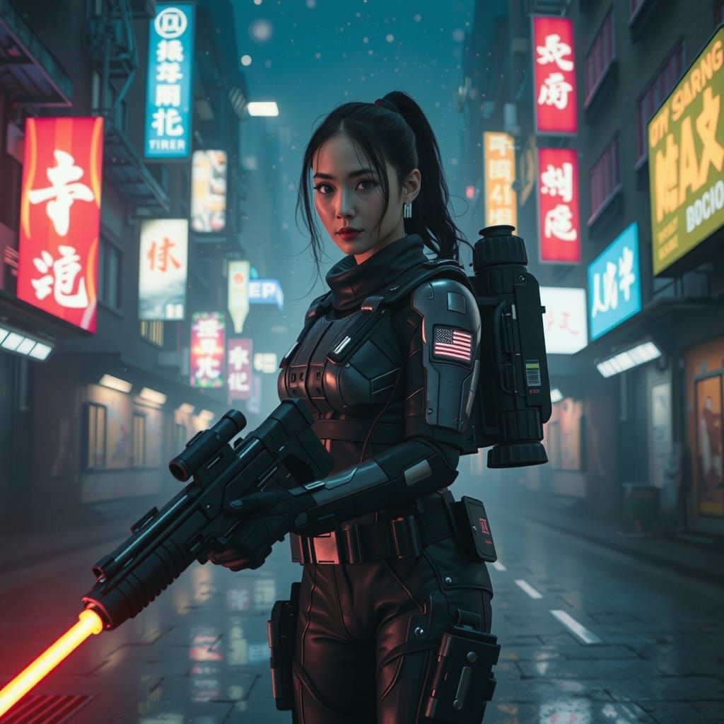 Futuristic Asian Soldier with Jetpack and Laser Gun