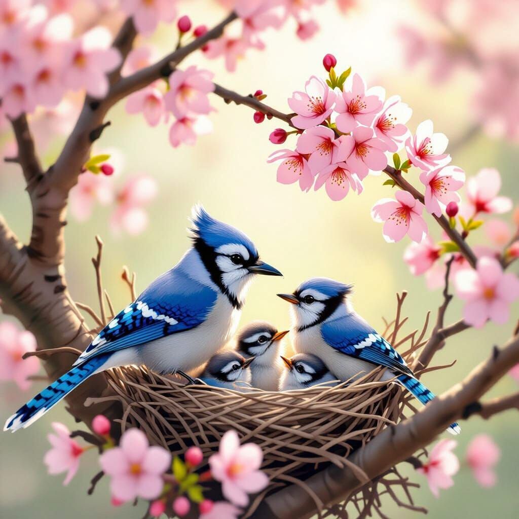 Blue Jay Feeding Babies in Cherry Blossom Tree