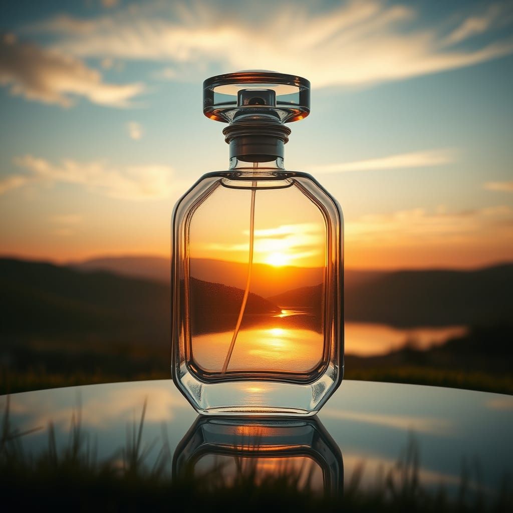 Surreal Perfume Bottle Landscape at Sunset