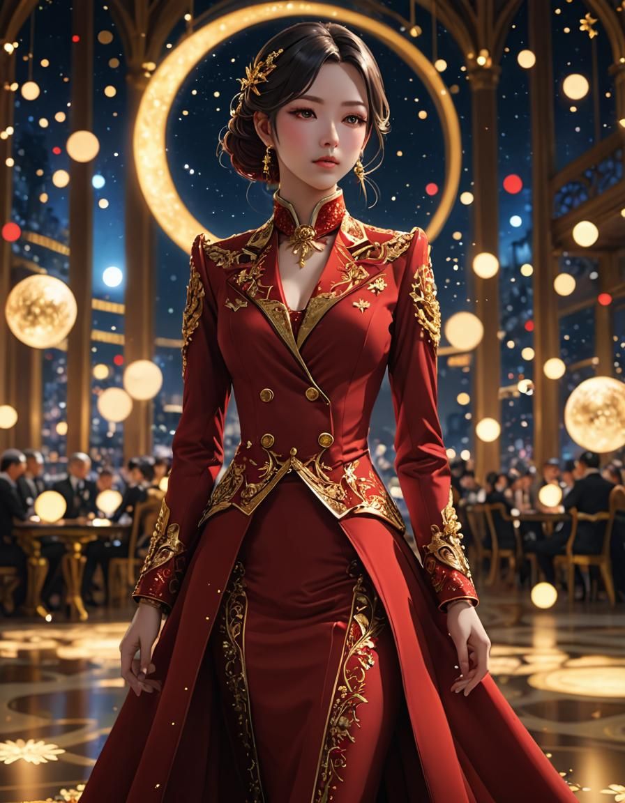 Red and Gold Ballroom Suit in Anime Style