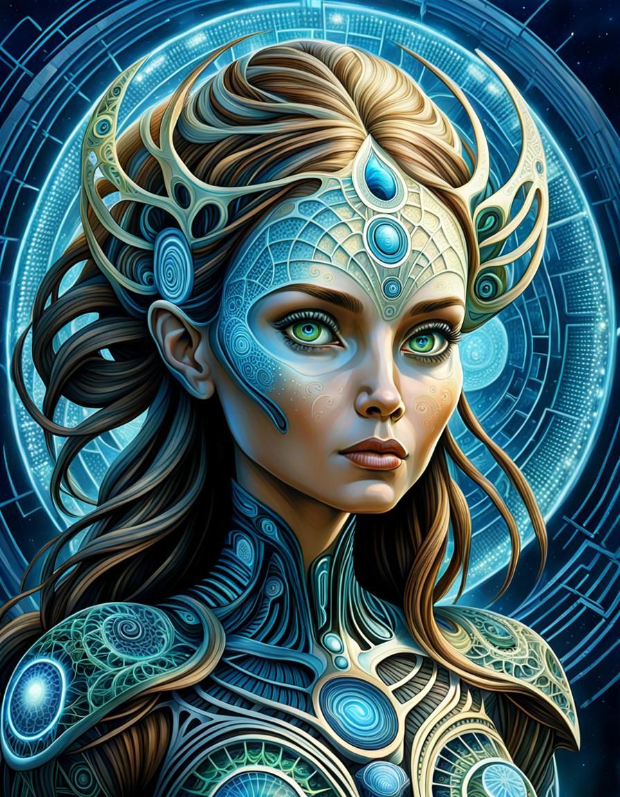 Futuristic Biometric Goddess in Sacred Geometry Style