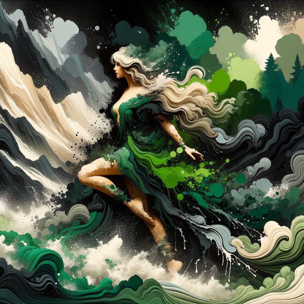 Norse Goddess Crossing Stream in Abstract Painting