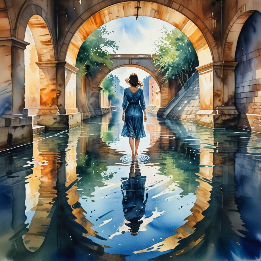 Ethereal Woman Under Arcade Bridge