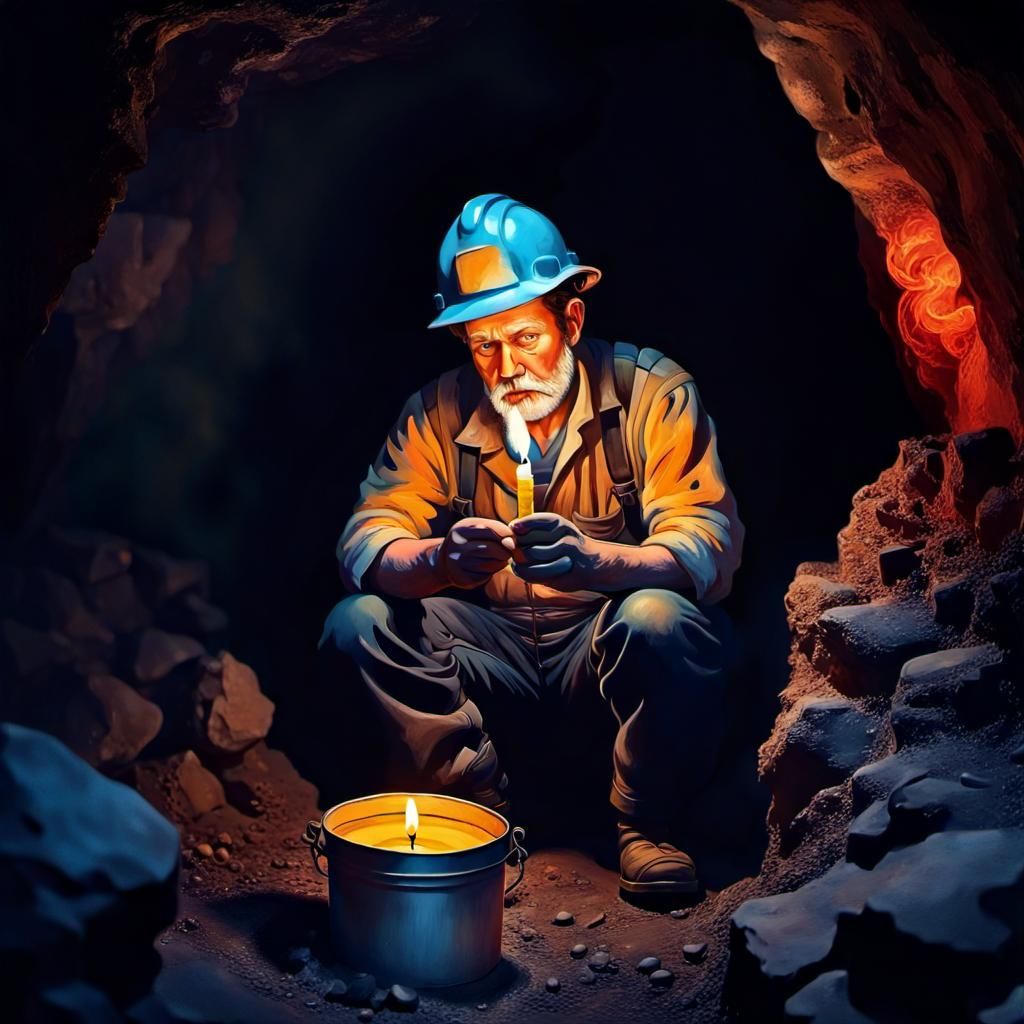Hyperrealistic Miner Lights Cave with Candle