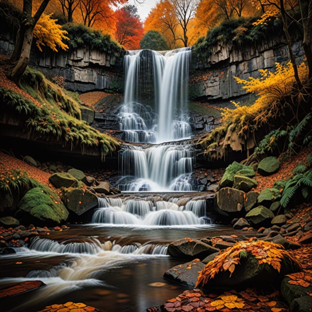 Stunning Autumn Waterfall in Hyperrealistic Style